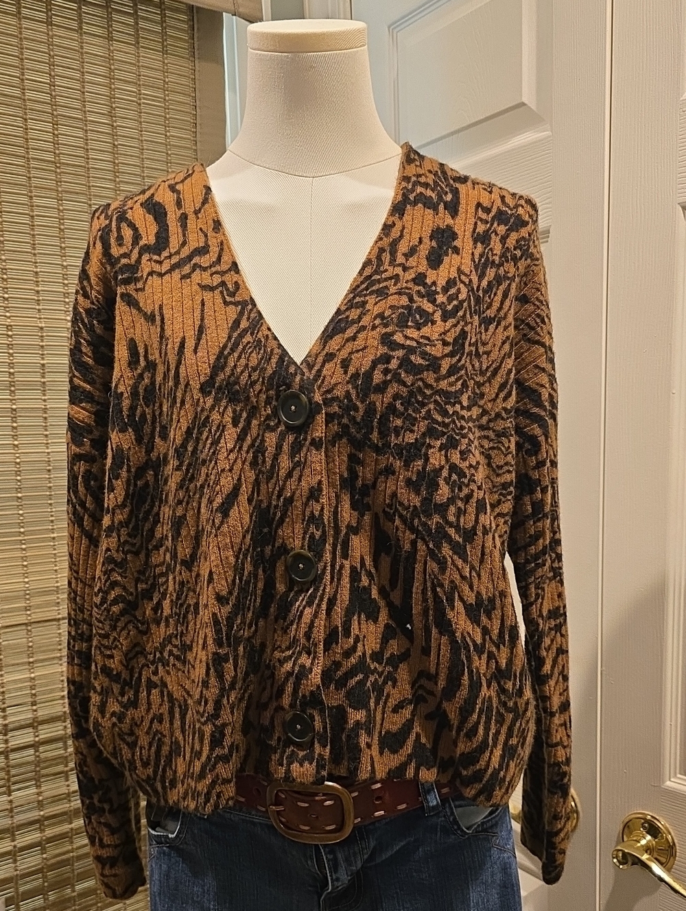 Madewell Brown and Black Animal-Print V-Neck Button Cardigan